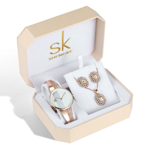 Shengke K0062 Jewelry Set Earings Necklace Watch Rose Gold